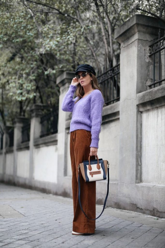 Brown corduroy pants purple sweater outfit idea
