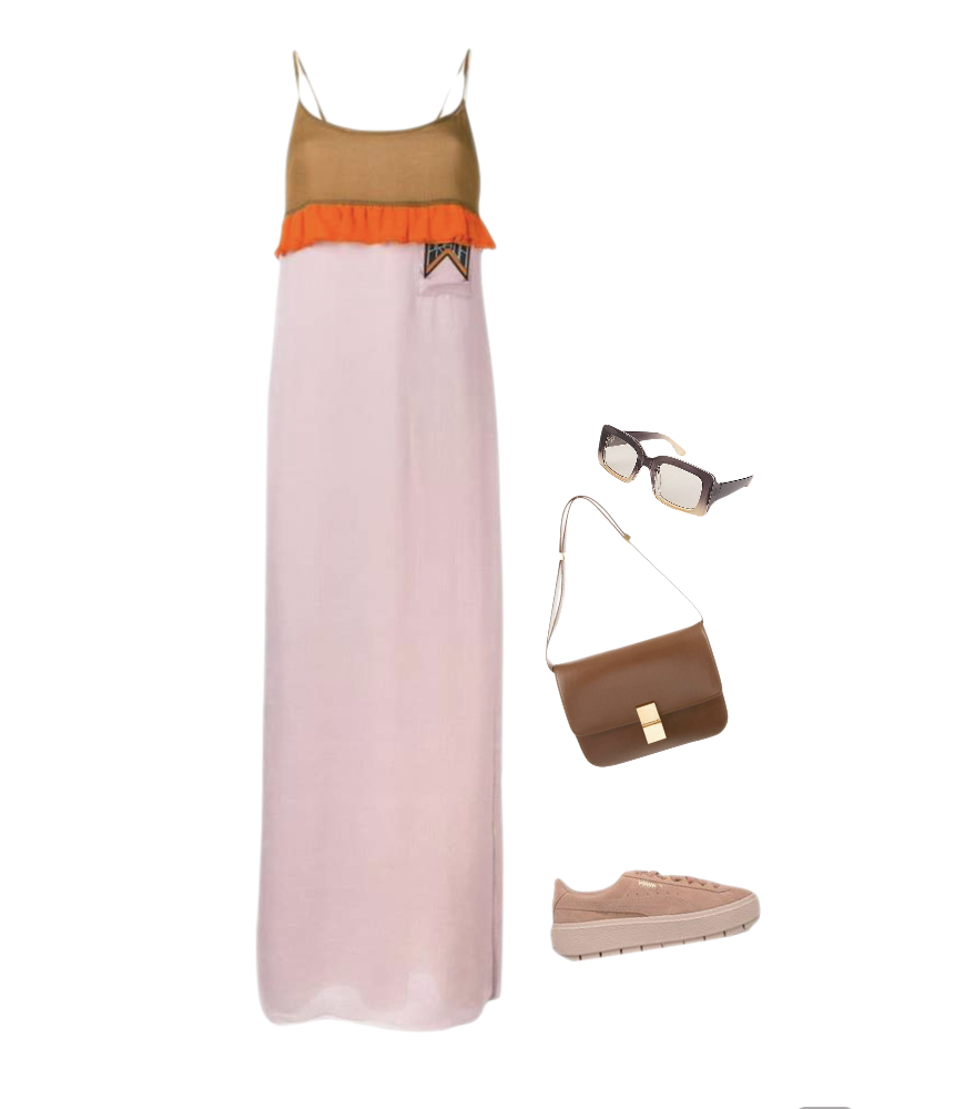 Pink maxi dress pink sneakers outfit idea