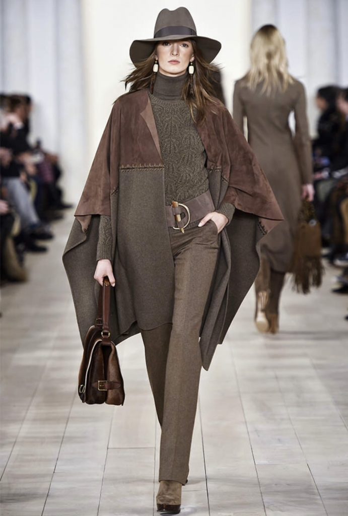 Brown pants dark-gray turtleneck oversized poncho outfit ideas