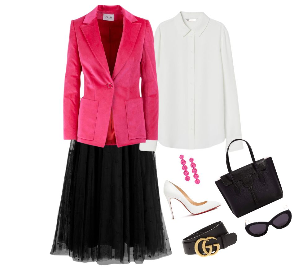 White shirt black midi A-line skirt pink blazer Gucci belt outfit idea