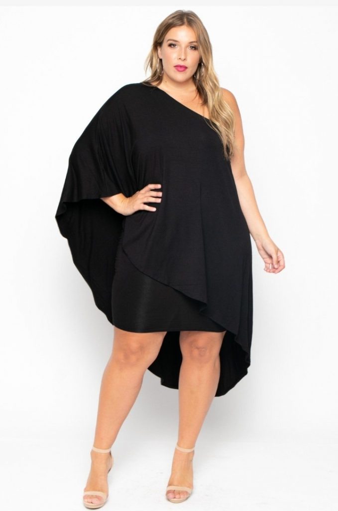 Asymmetrical black dress for plus-size apple body shape