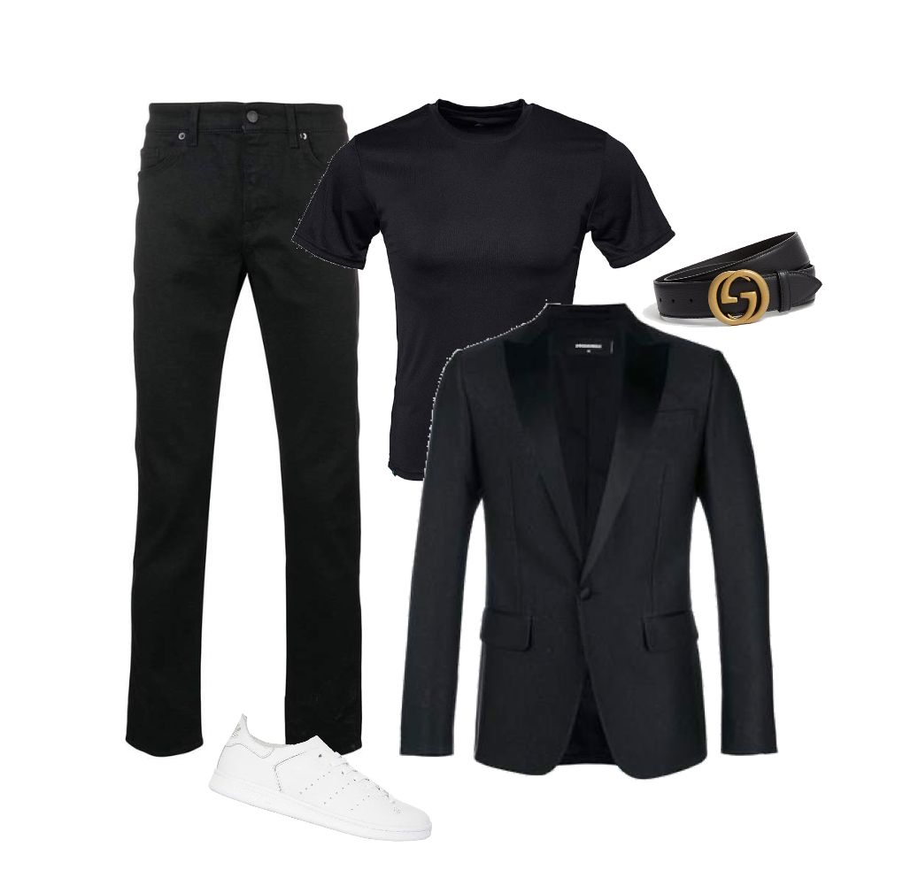 Black blazer black jeans black T-shirt Gucci belt outfit idea for men