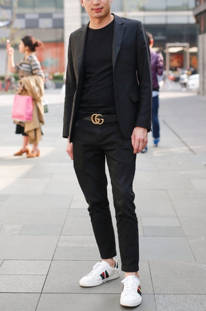 Black blazer trousers T-shirt Gucci belt outfit for men Pinterest