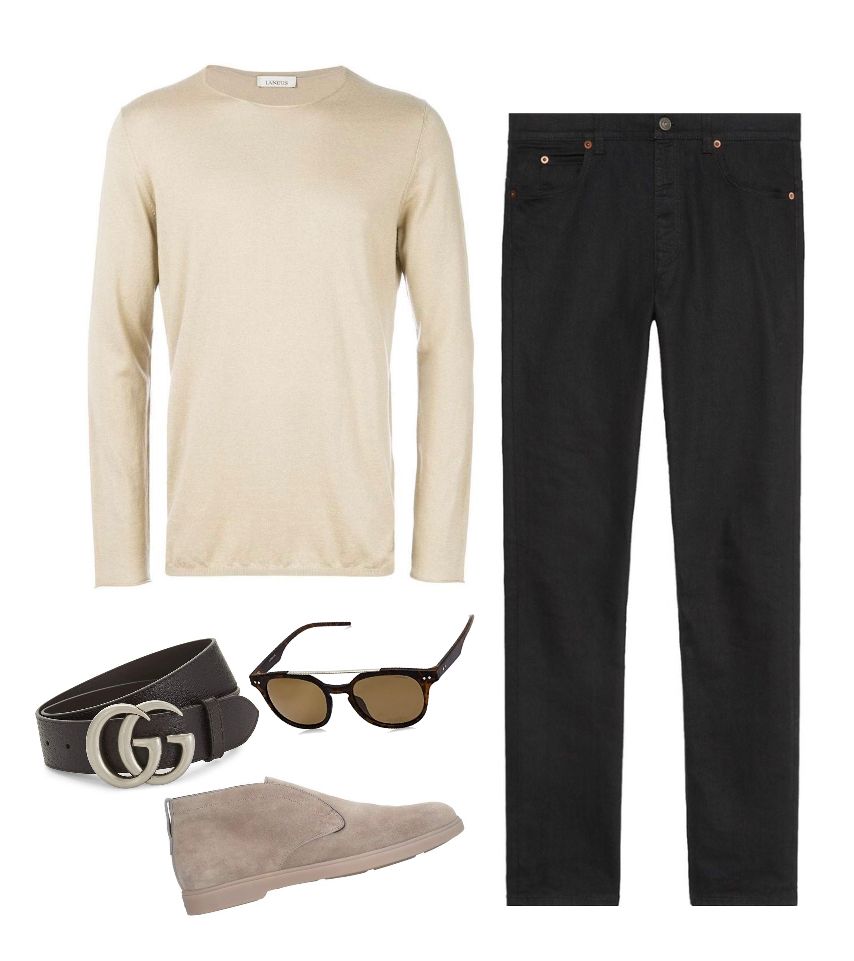 Beige pullover black straight jeans Gucci belt outfit idea for men
