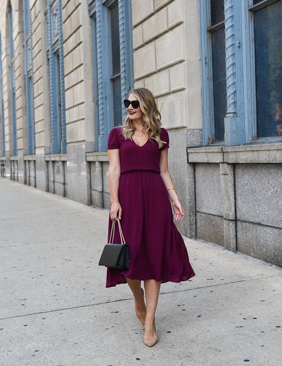 Beige pumps burgundy dress black purse outfit idea