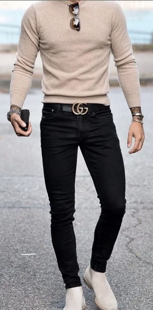 Black jeans beige pullover Gucci belt outfit idea for men Pinterest