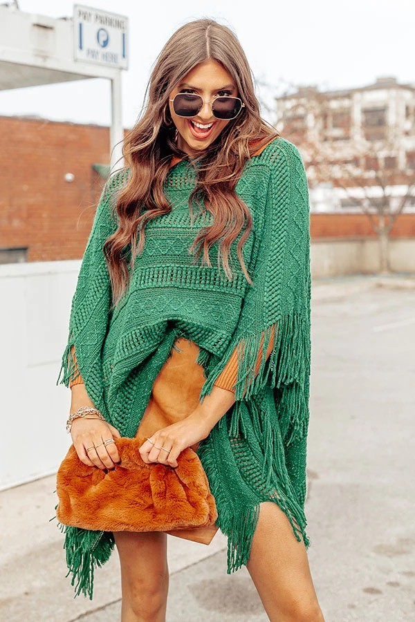 Brown suade dress green crochet poncho outfit idea