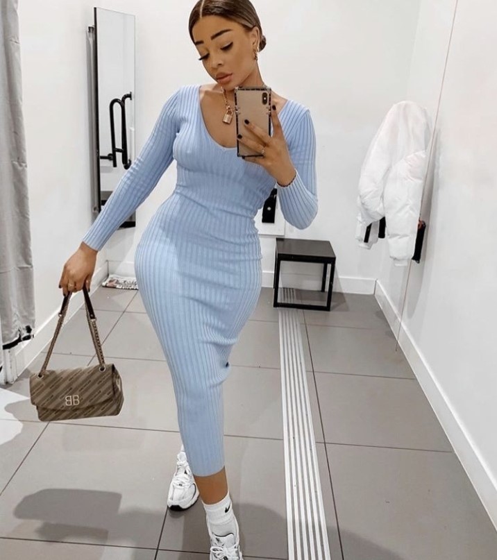 Blue knitted bodycon dress white sneakers baddie winter outfit idea