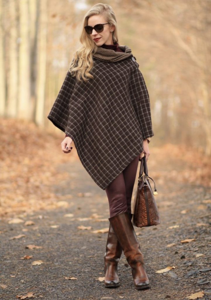 Oversized plaid poncho brown leather riding boots outfit idea