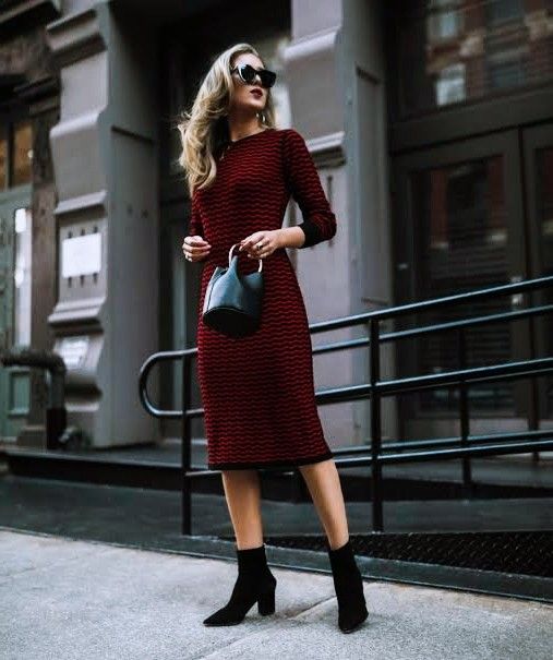 Black ankle boots burgundy bodycon dress outfit idea