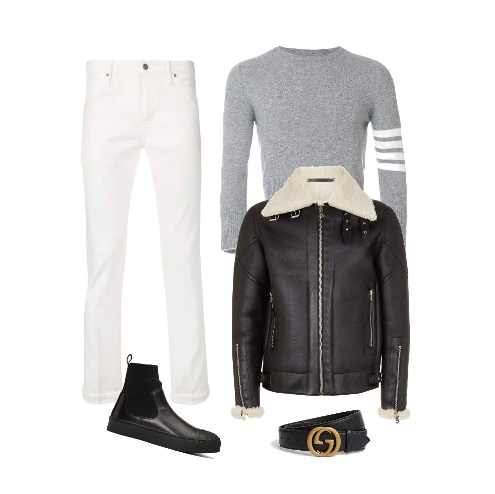 White jeans black shearling jacket grey pullover Gucci belt outfit idea for men