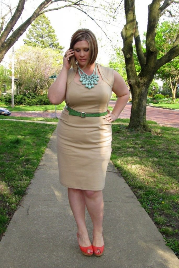 Beige bodycon for women over fifty with plus-size apple body shape