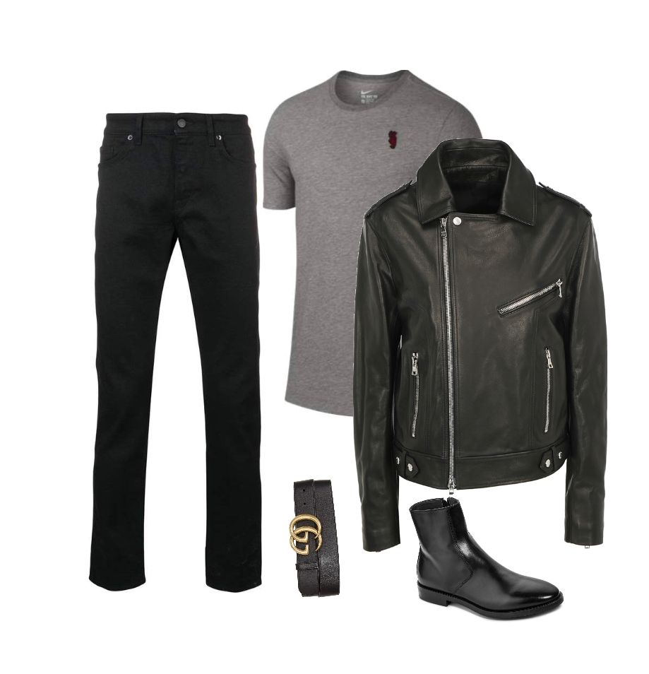 Black jeans grey T-shirt black leather jacket Gucci belt outfit idea for men
