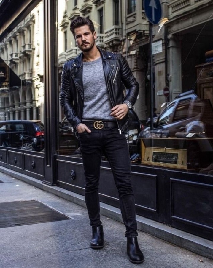 T-shirt black jeans leather jacket Gucci belt outfit for men Pinterest