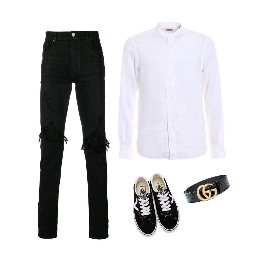 Black ripped jeans white shirt Gucci belt outfit idea for men