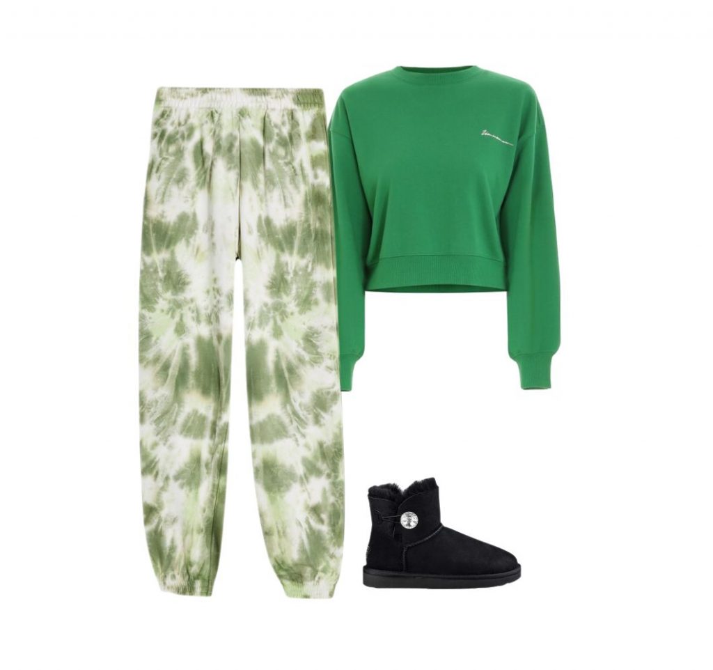 Tie-dye sports pants green hoodie uggs outfit to wear after a spray tan