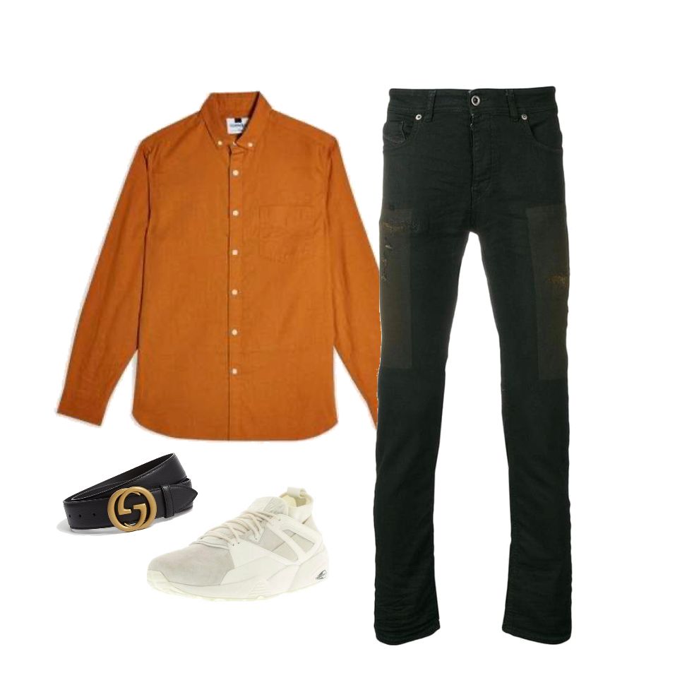 Brown corduroy shirt black pants Gucci belt outfit idea for men