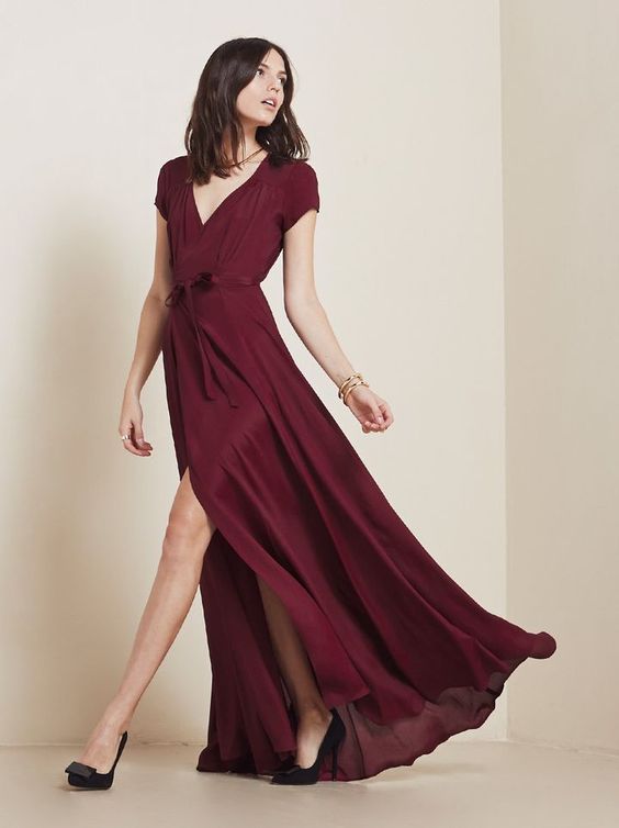 Maxi burgundy chiffon dress black heeled pumps wedding outfit idea
