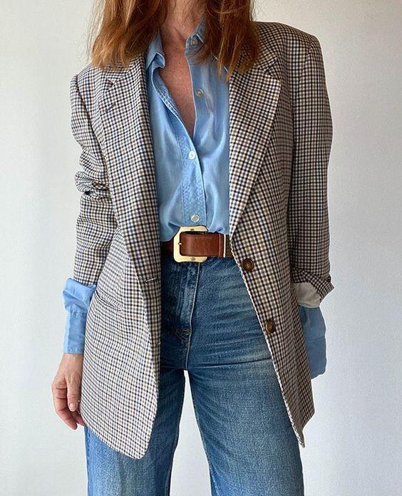 Plaid oversized blazer high-rise jeans baby blue shirt outfit idea