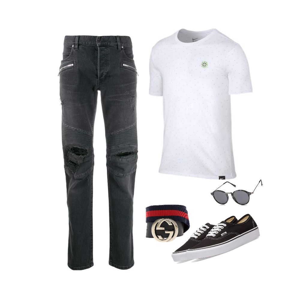 White T-shirt grey jeans Gucci belt outfit idea for men