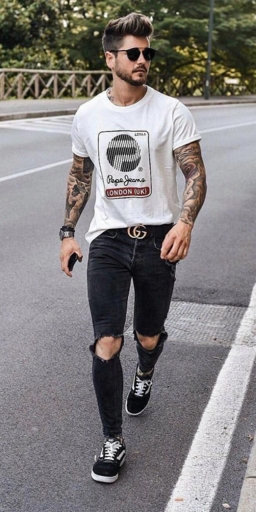 White logo T-shirt black ripped jeans Gucci belt outfit for men Pinterest