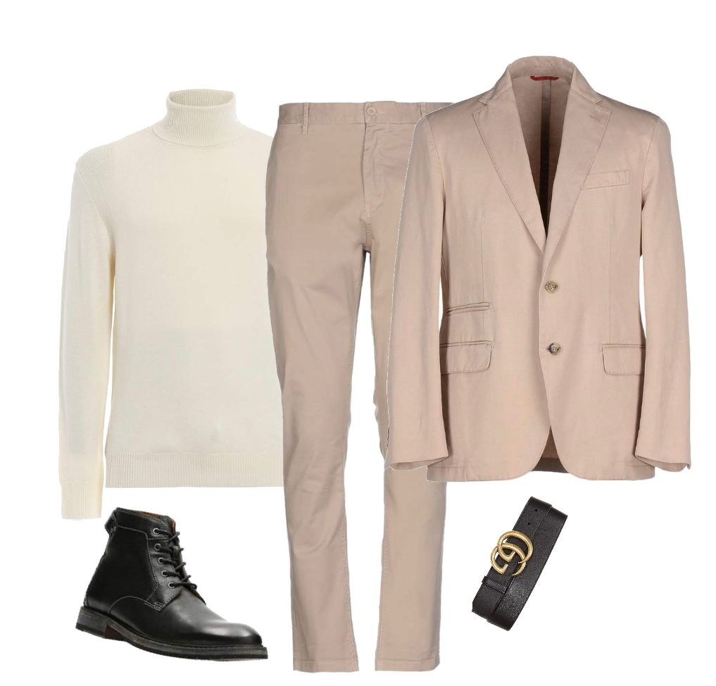 Beige suit white turtleneck Gucci belt outfit idea for men