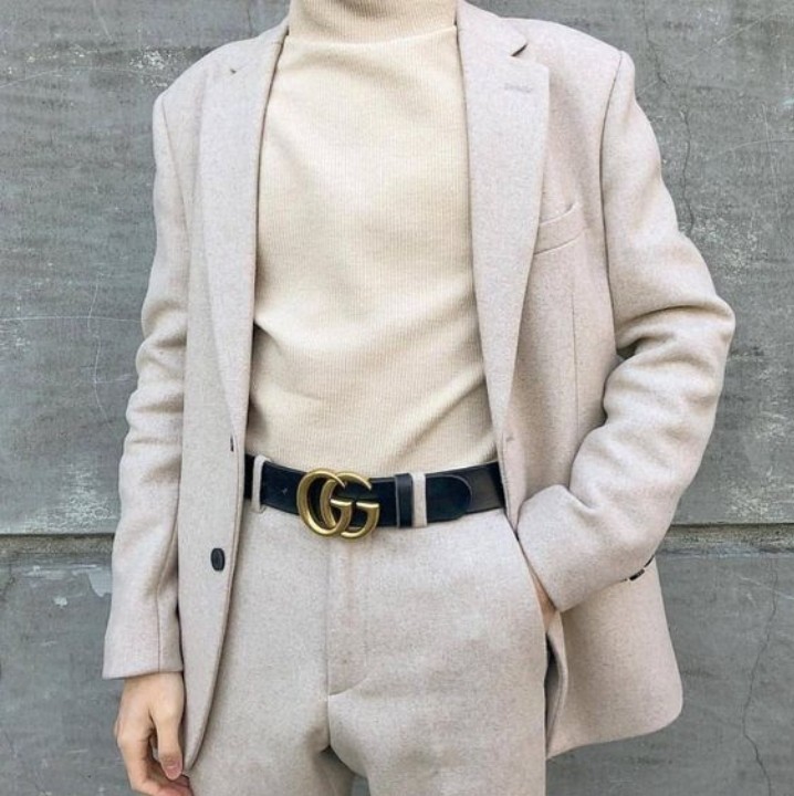Beige turtleneck grey suit Gucci belt outfit for men Pinterest