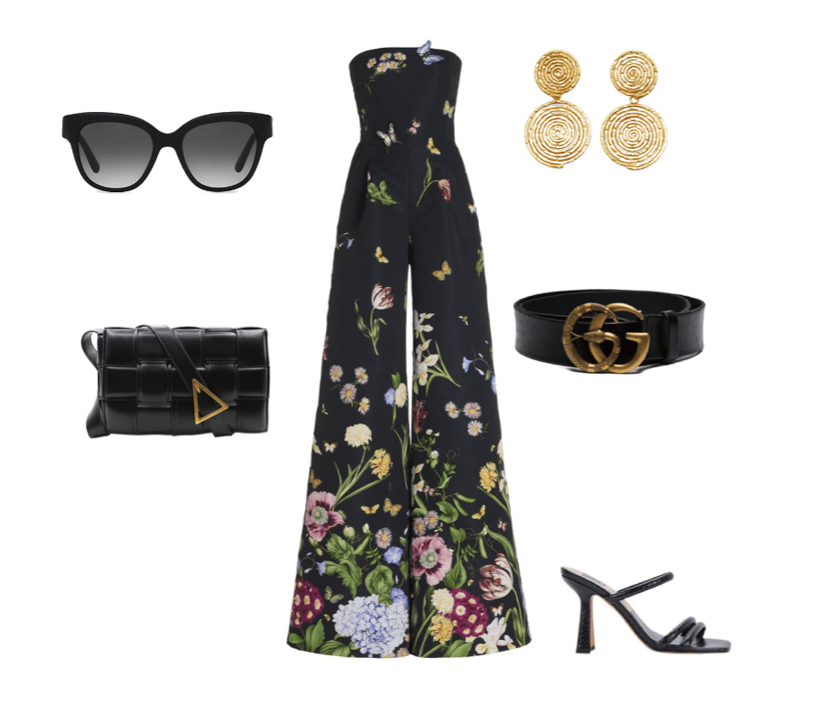 Floral jumpsuit Gucci belt outfit idea