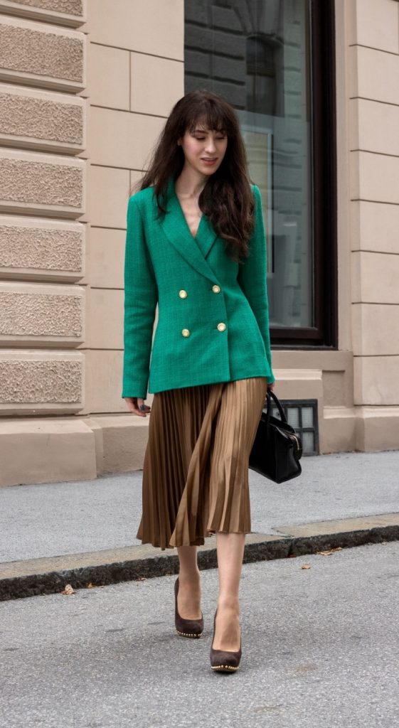 Long green blazer silk midi skirt outfit idea