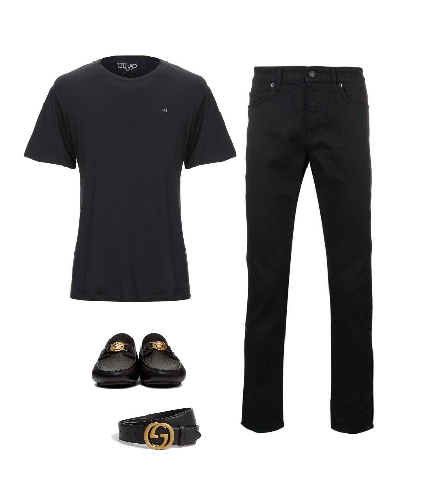 Black T-shirt black jeans Gucci belt outfit idea for men