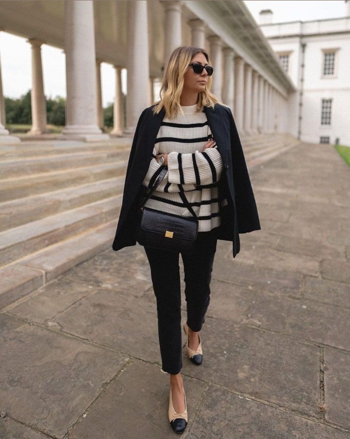 Striped sweater black oversized blazer cigarette pants outfit idea