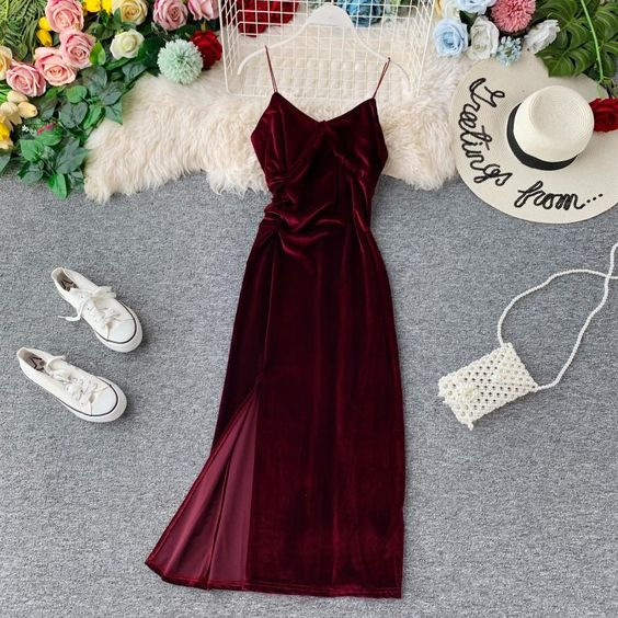 Burgundy cocktail dress white sneakers beeded purse outfit idea