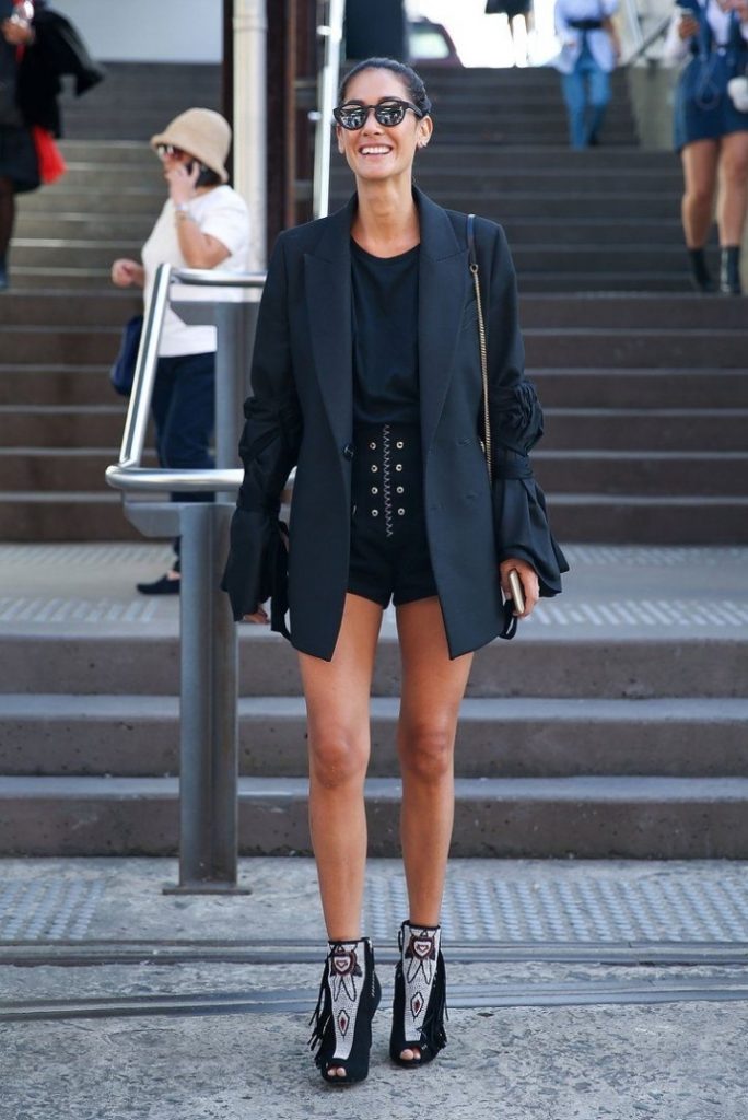 Black shirt high-waisted shorts black blazer outfit idea