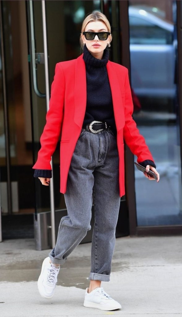 Gray mom jeans black turtleneck red oversized blazer Hailey Bieber outfit idea