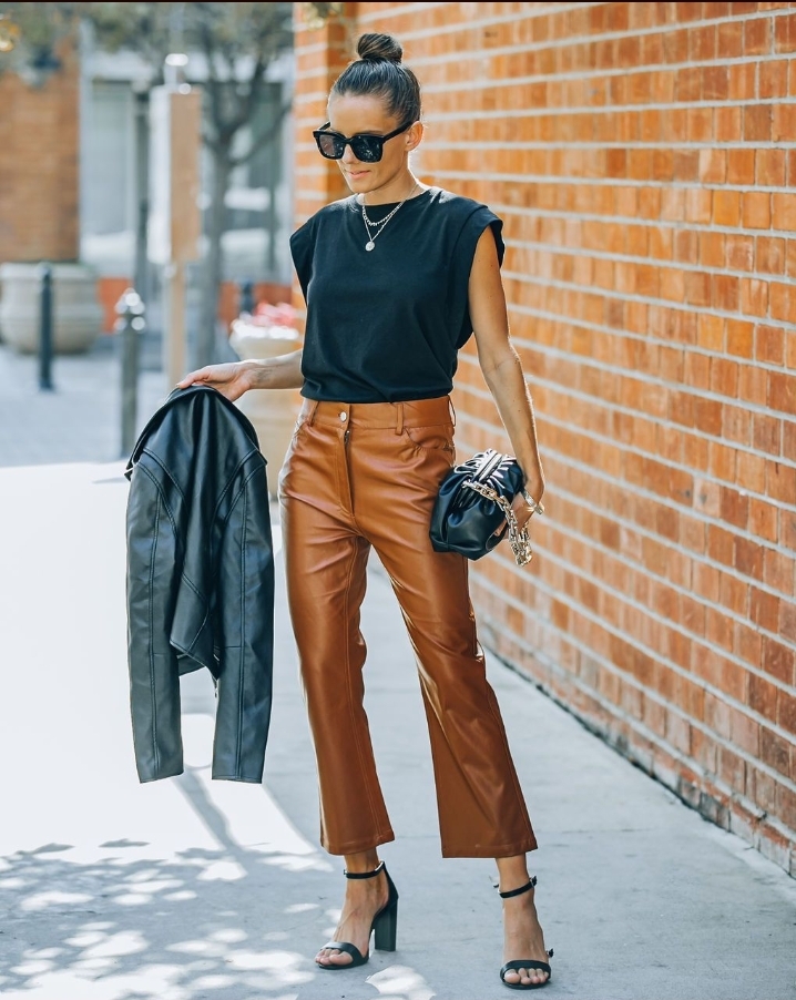 Black block heels brown leather pants outfit idea