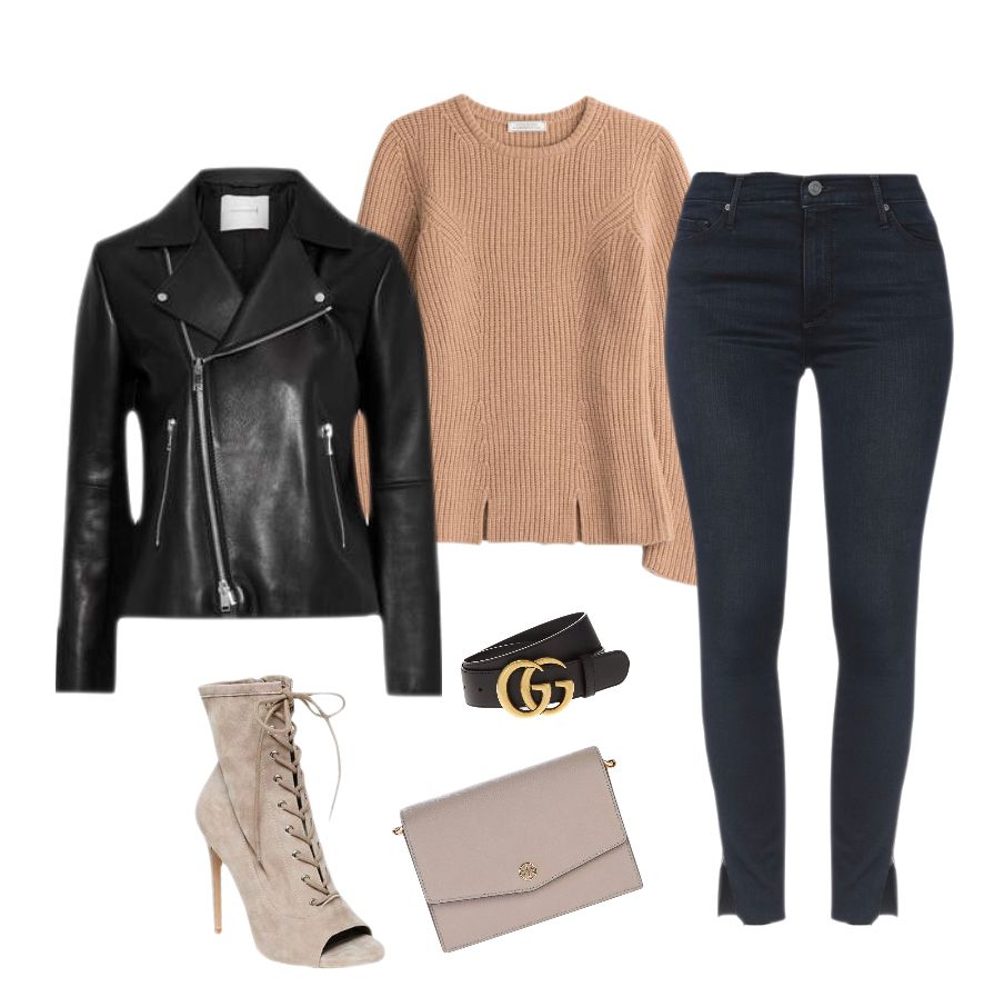 Black skinny jeans knitted sweater leather jacket Gucci belt outfit idea