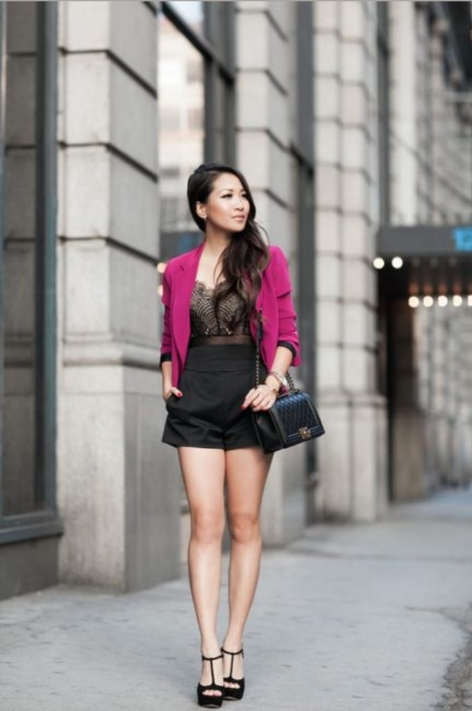 Black lace high-waisted short pink three-quarter-sleeve cropped blazer outfit idea