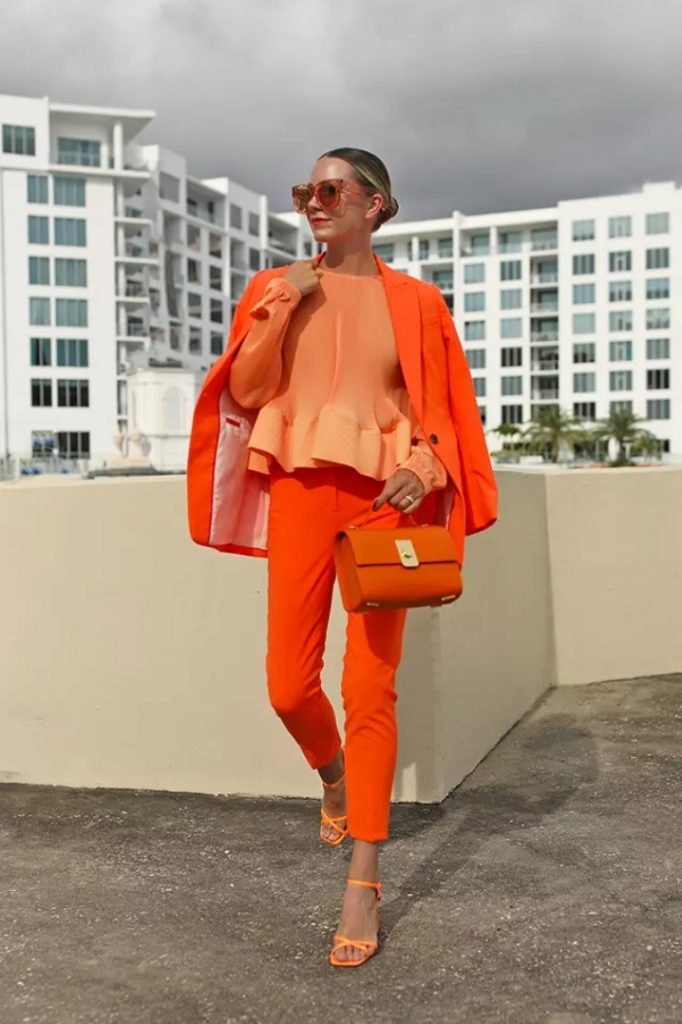Orange cigarette pants blouse standard-size blazer outfit idea