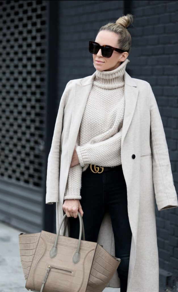 Black jeans beige turtleneck beige coat Gucci belt outfit Pinterest