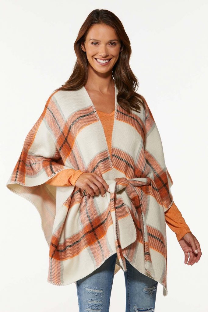 Plaid shawl with belt poncho style example Cato Fashion