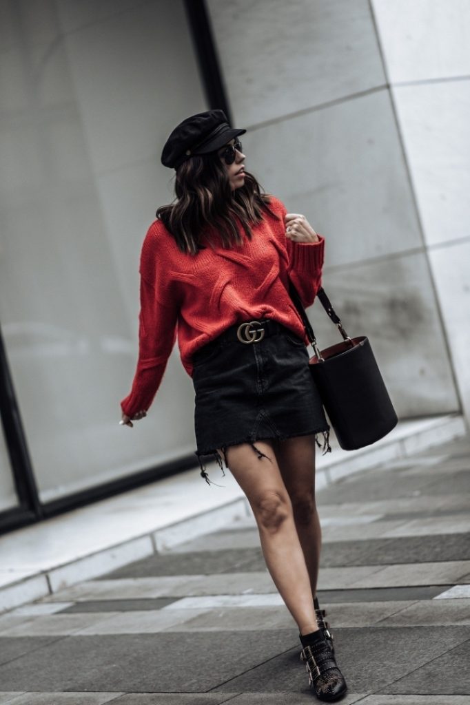 Black jean skirt red knitted sweater Gucci belt outfit Pinterest