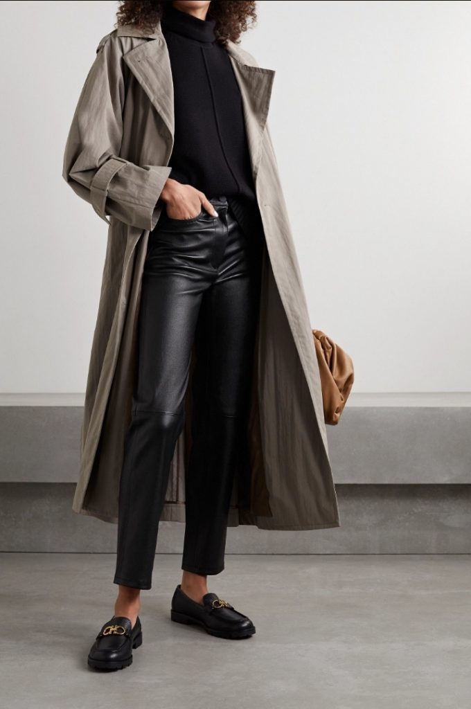 Leather mules black leather pants outfit idea