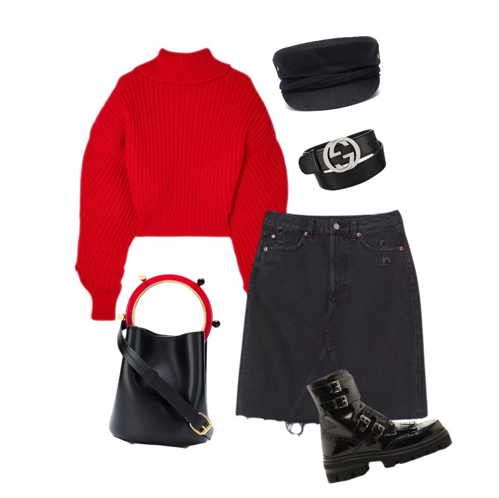 Red knitted turleneck sweater black jeans skirt Gucci belt outfit idea
