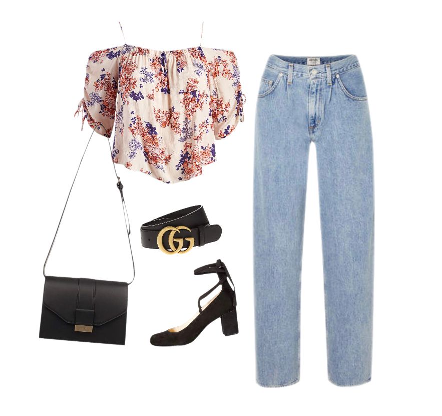 Floral croptop with spaghetti straps jeans Gucci belt outfit idea