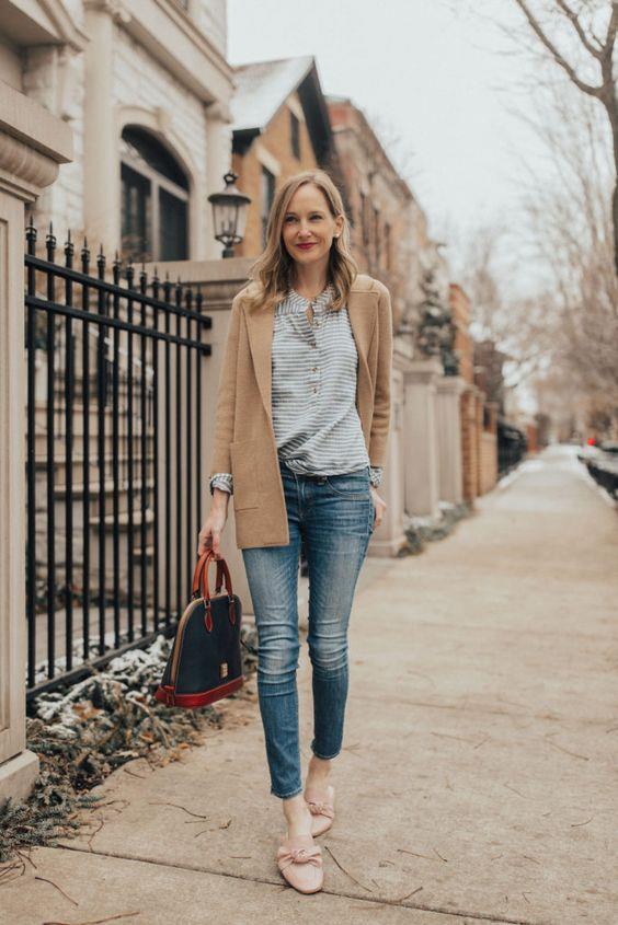 Sweater blazer shirt jeans casual outfit idea