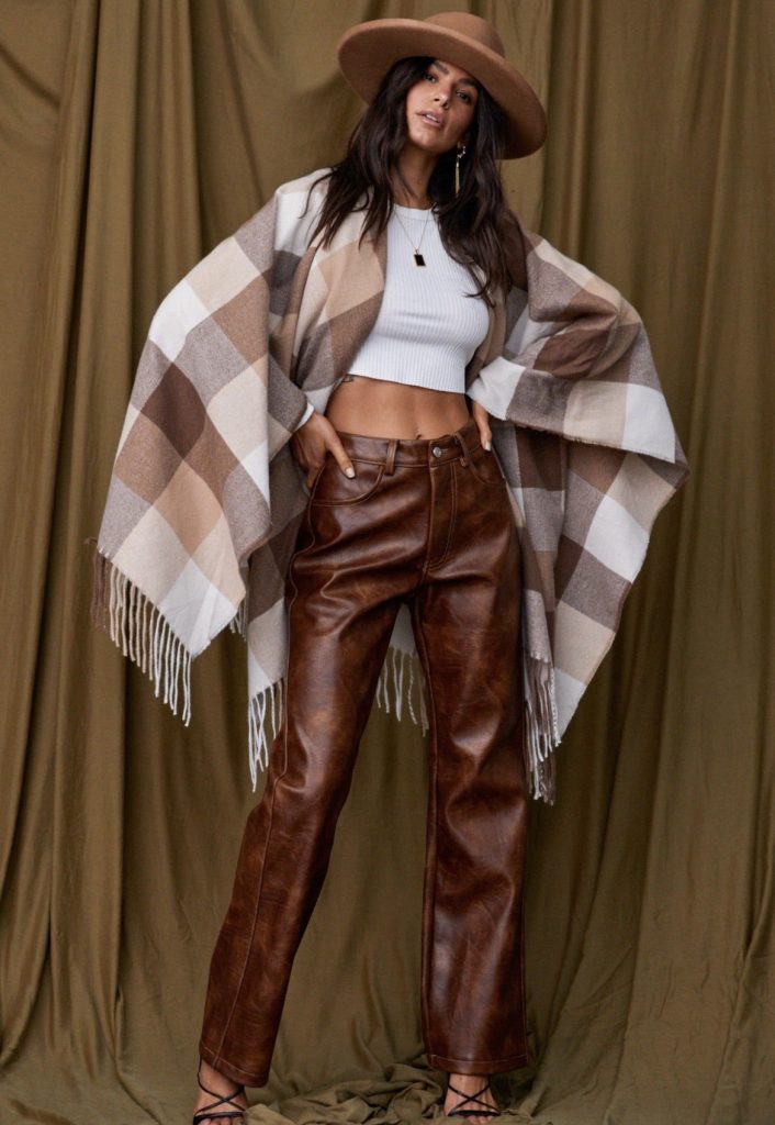 Brown straight leather pants plaid shawl poncho outfit ideas