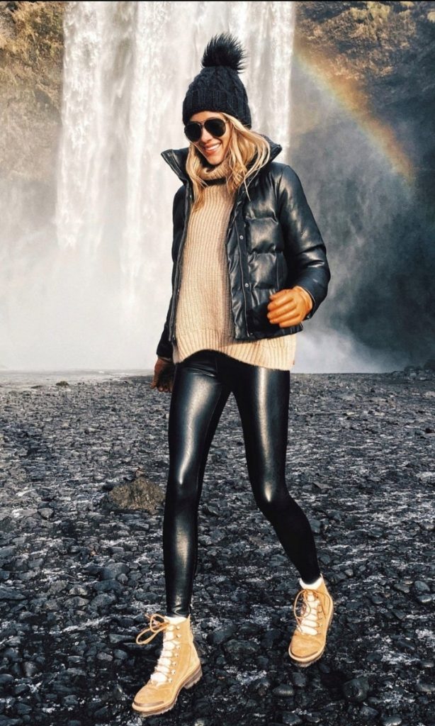 Brown suade ankle boots black leather leggings outfit idea