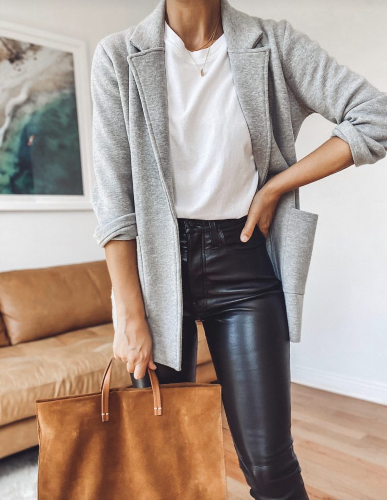 Sweater blazer white T-shirt leather leggings casual outfit idea