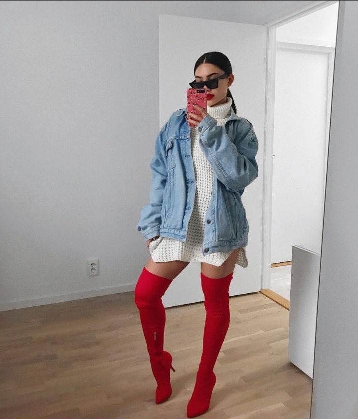 White sweater dress jean jacket red thigh-high boots baddie winter outfit idea