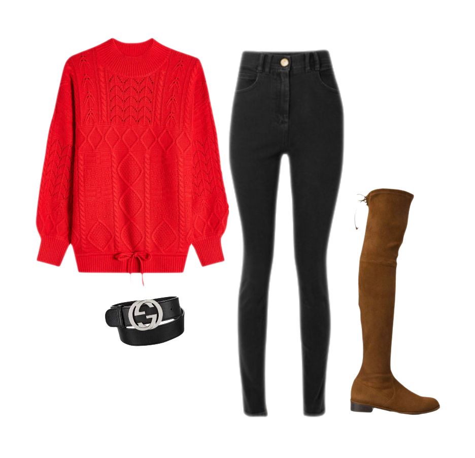 Black jeans red knitted pullover suade ankle boots Gucci belt outfit idea